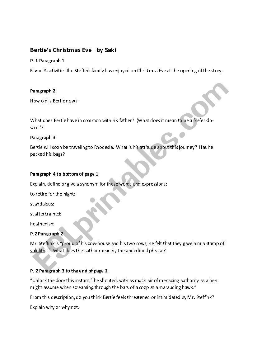 Berties Christmas Eve Comprehension Questions
