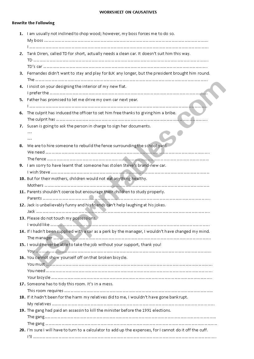 Worksheet on Causatives worksheet