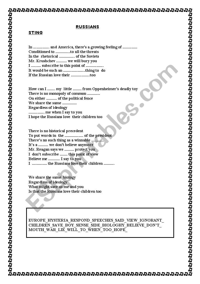 STING, RUSSIAN, LISTENING worksheet