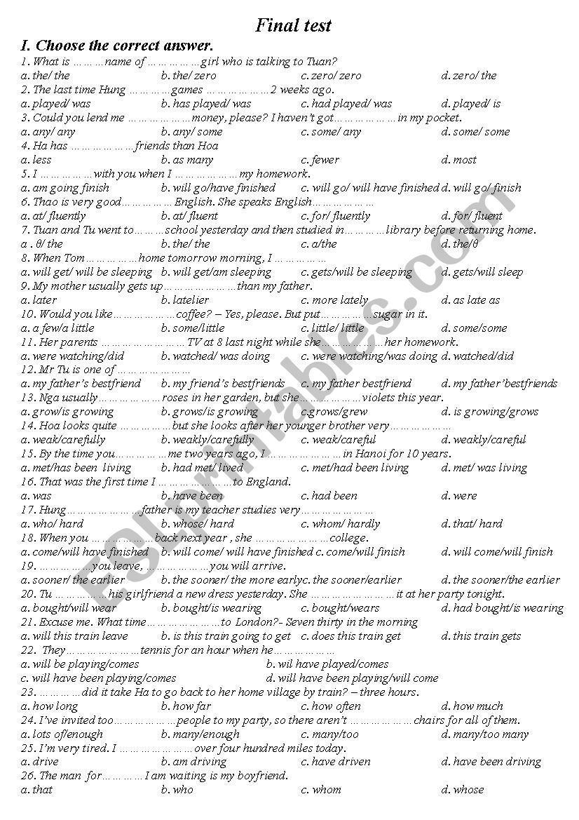 basic grammar test worksheet