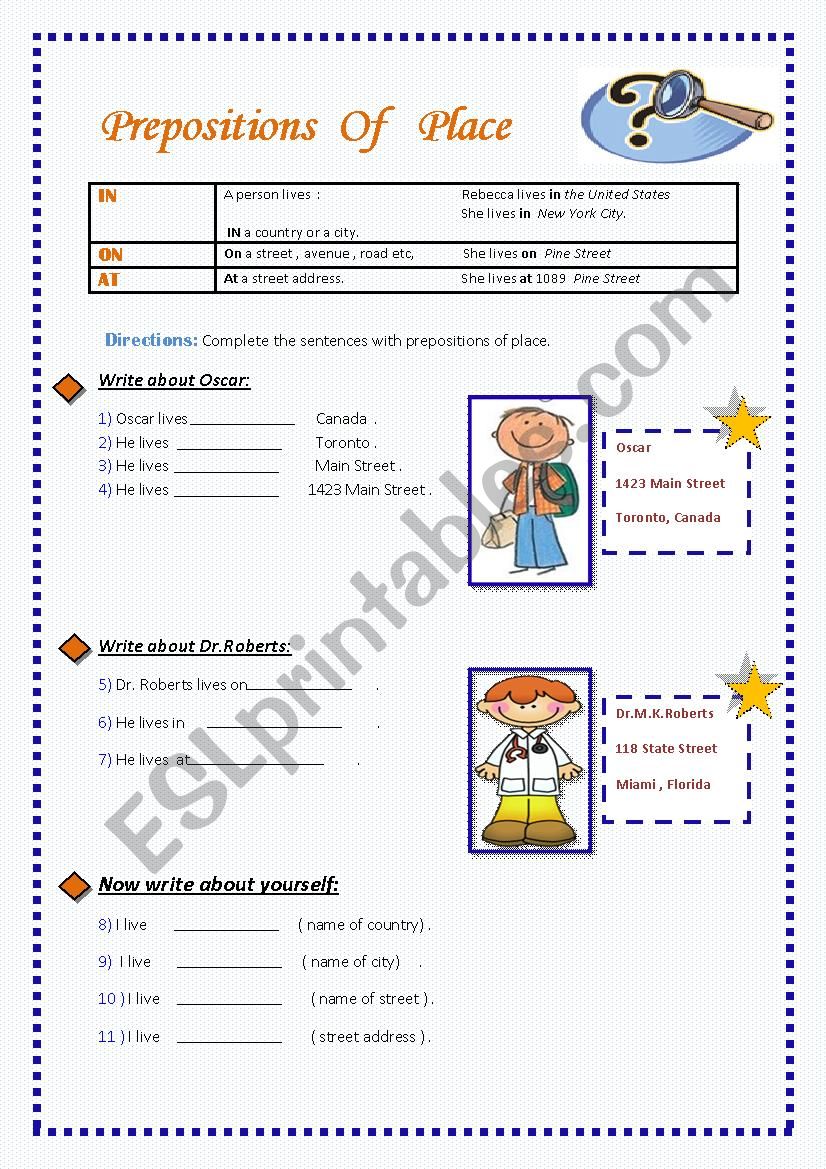 PREPOSITIONS OF PLACE worksheet