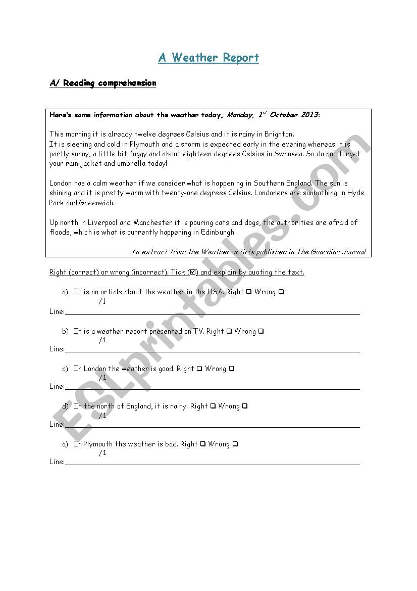 A Weather report worksheet