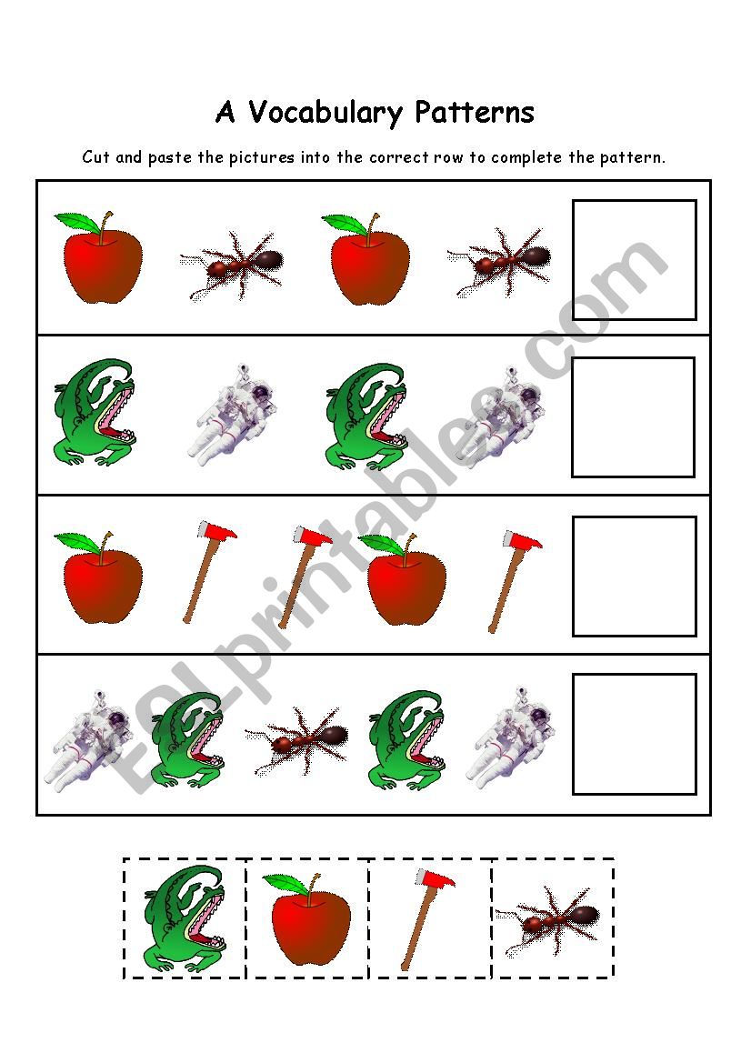 Letter A Vocabulary Patterns worksheet