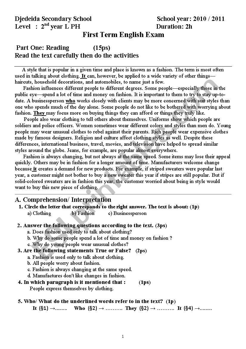 the first exam for 2nd y L PH worksheet