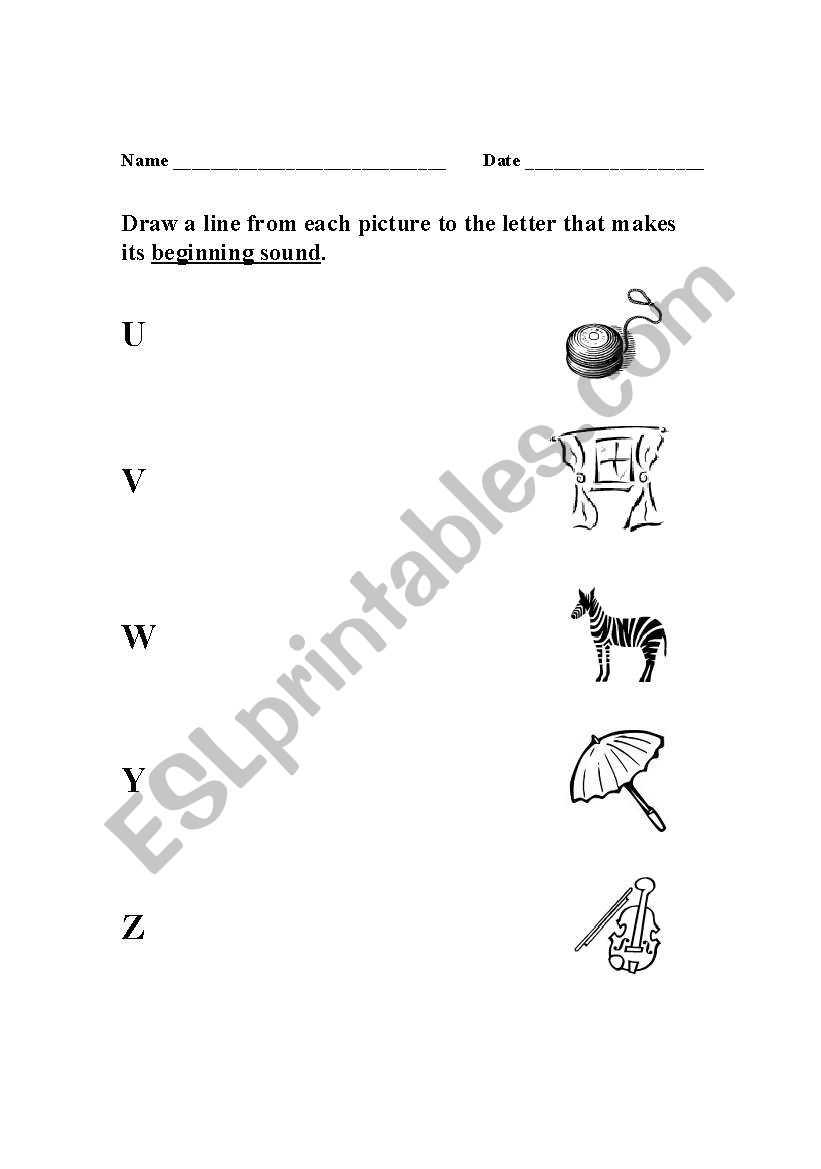 Begining Consonants (U-Z) worksheet