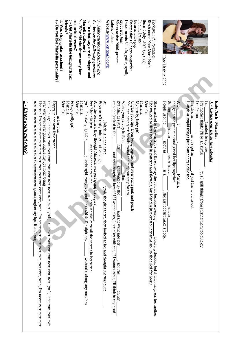 Kate Nash Mareilla activities worksheet