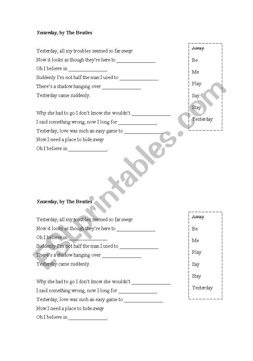 Yesterday (The Beatles) worksheet