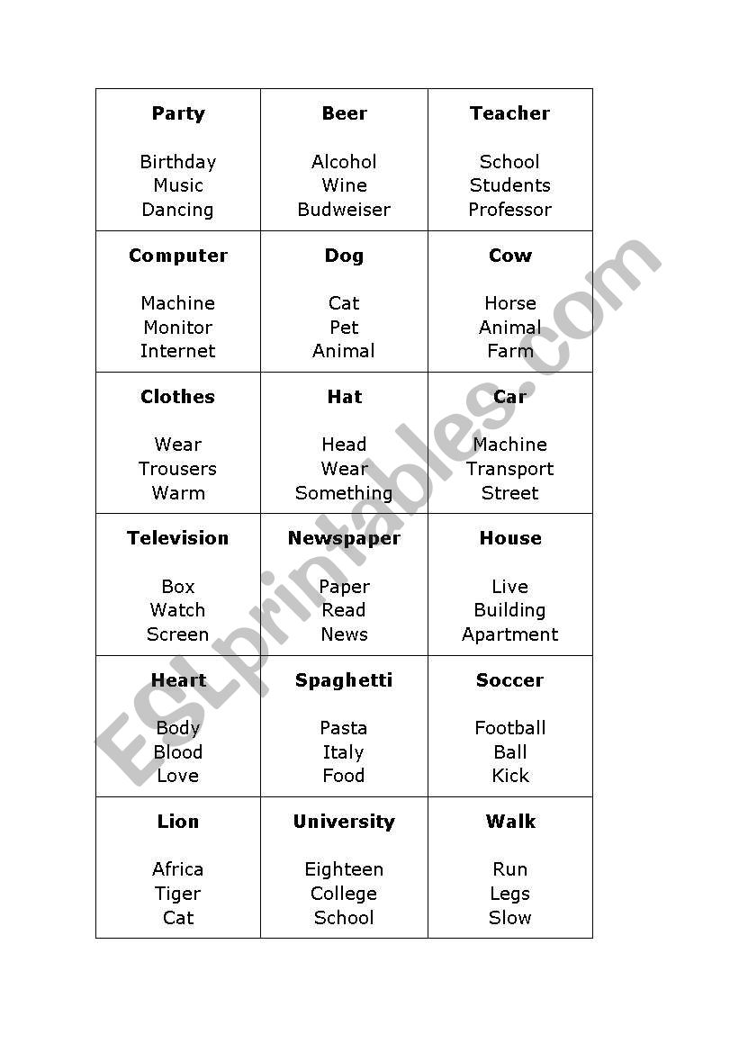 taboo worksheet