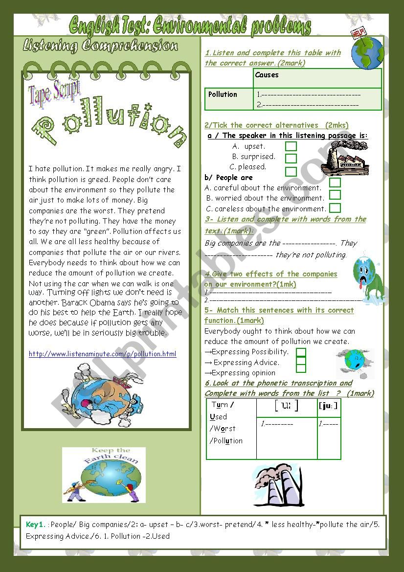 Environmental problems:(Mid Term Test NÂ° 2 9th form) 2 Parts: Listening + Language+Key+Link