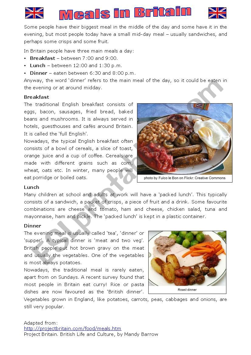 Meals in Britain worksheet