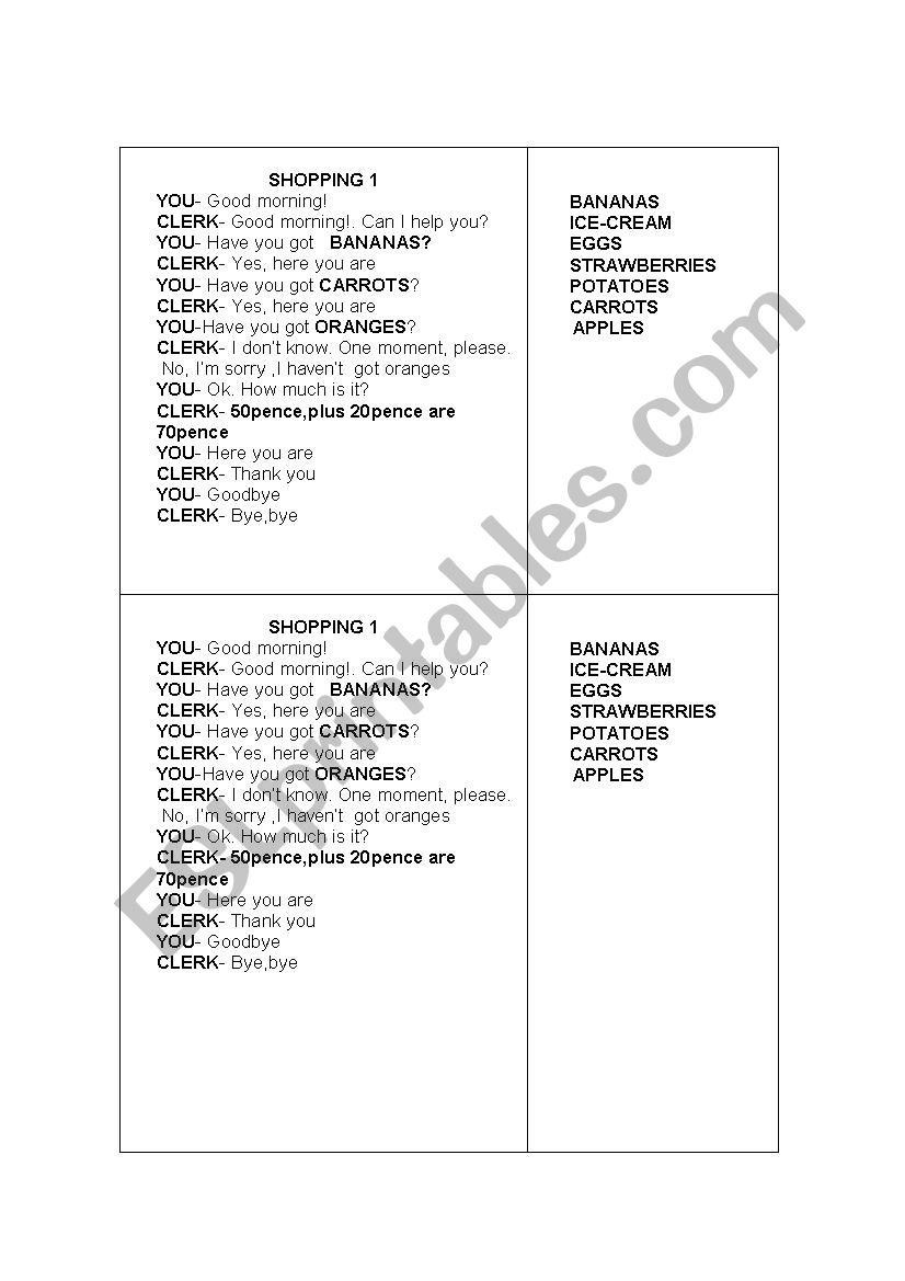 SHOPPING ROLEPLAY worksheet