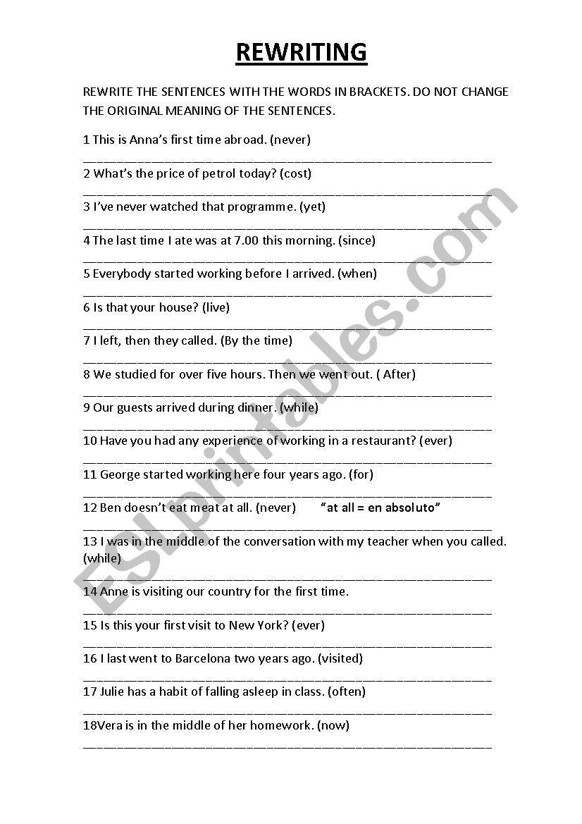 Rewrite the sentences worksheet