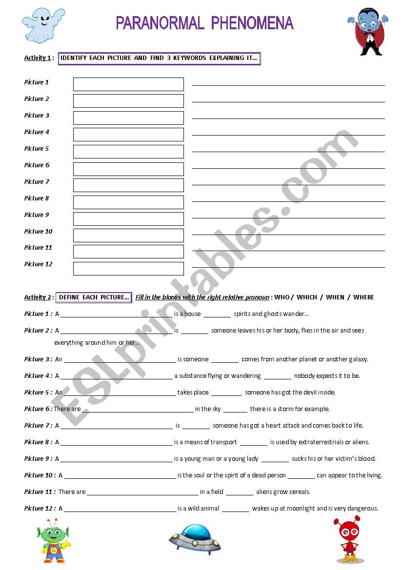 Paranormal phenomena worksheet