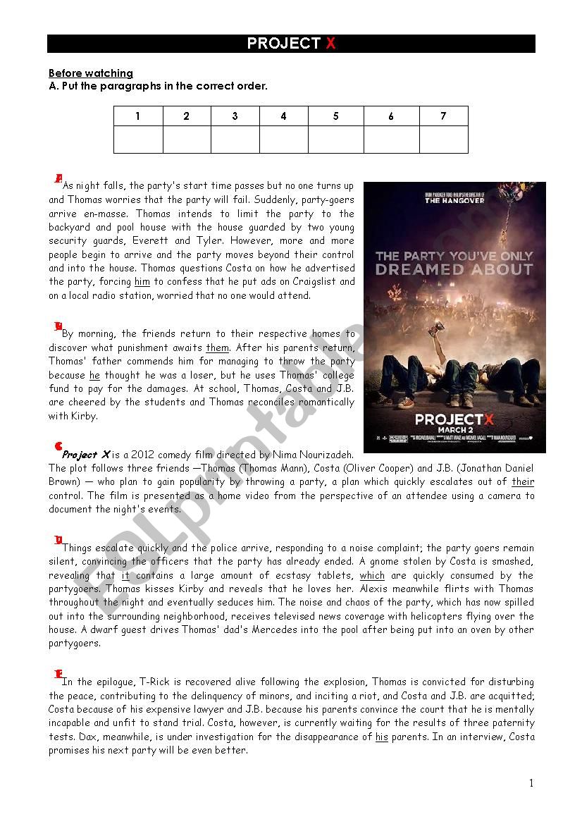 Film Project X (2012) worksheet