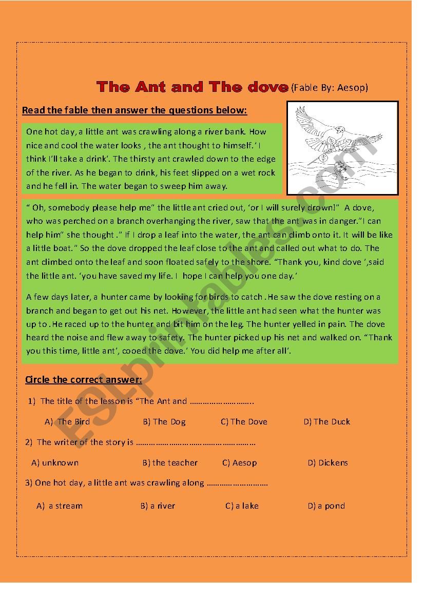 The Ant and The Dove worksheet