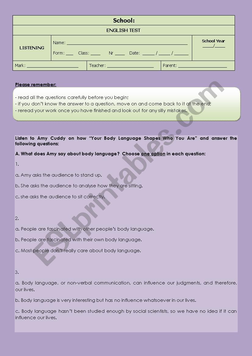 LISTENING TEST ON BODY LANGUAGE