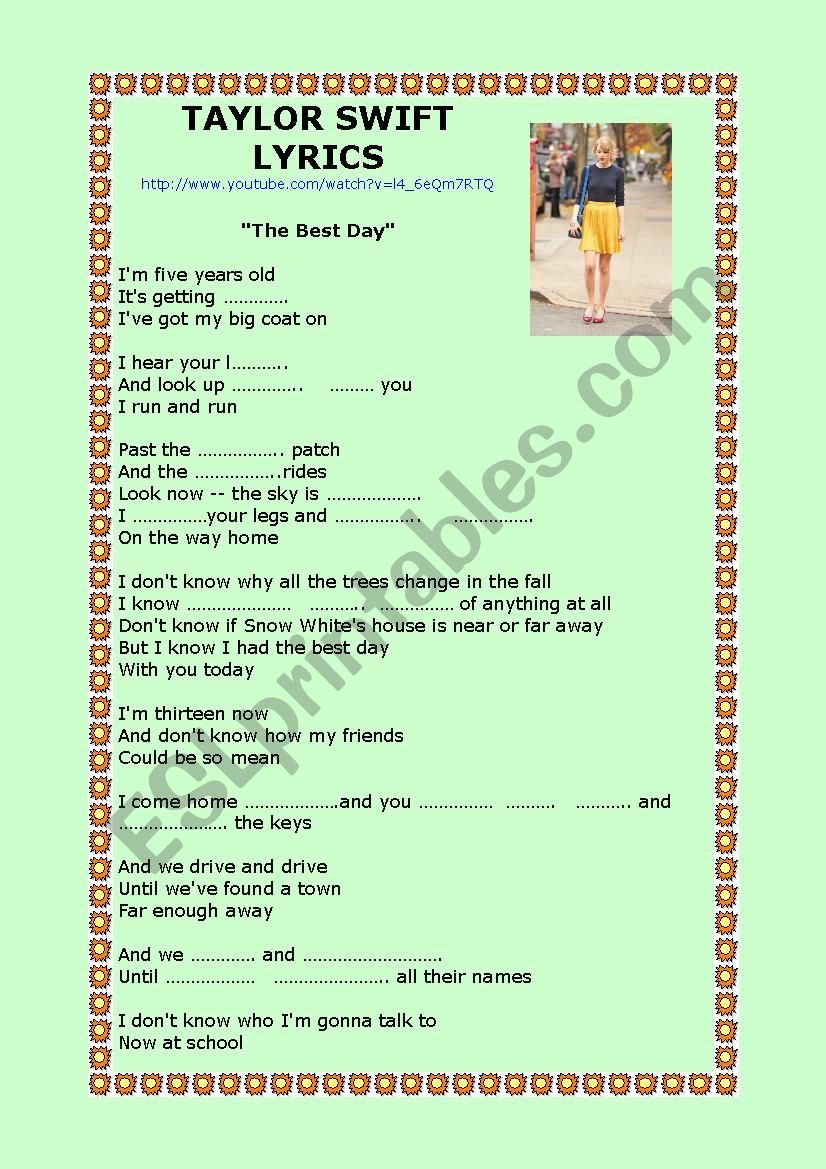 THE BEST  DAY -TAYLOR SWIFT worksheet