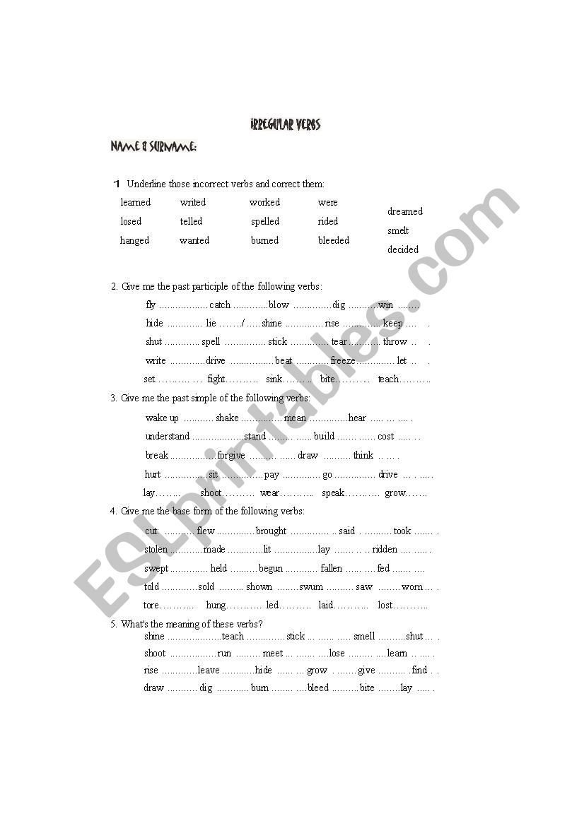 Quiz Irregular Verbs worksheet