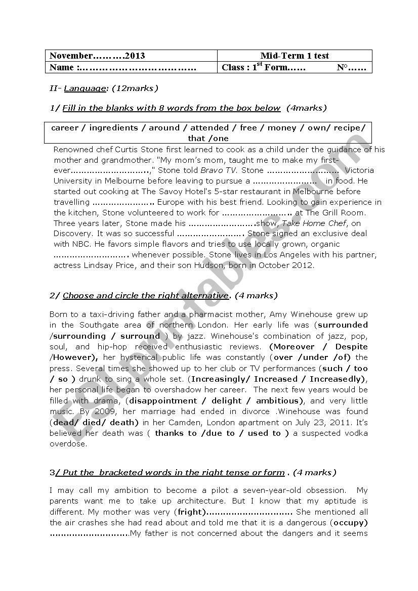 mid term test 1 first form  worksheet