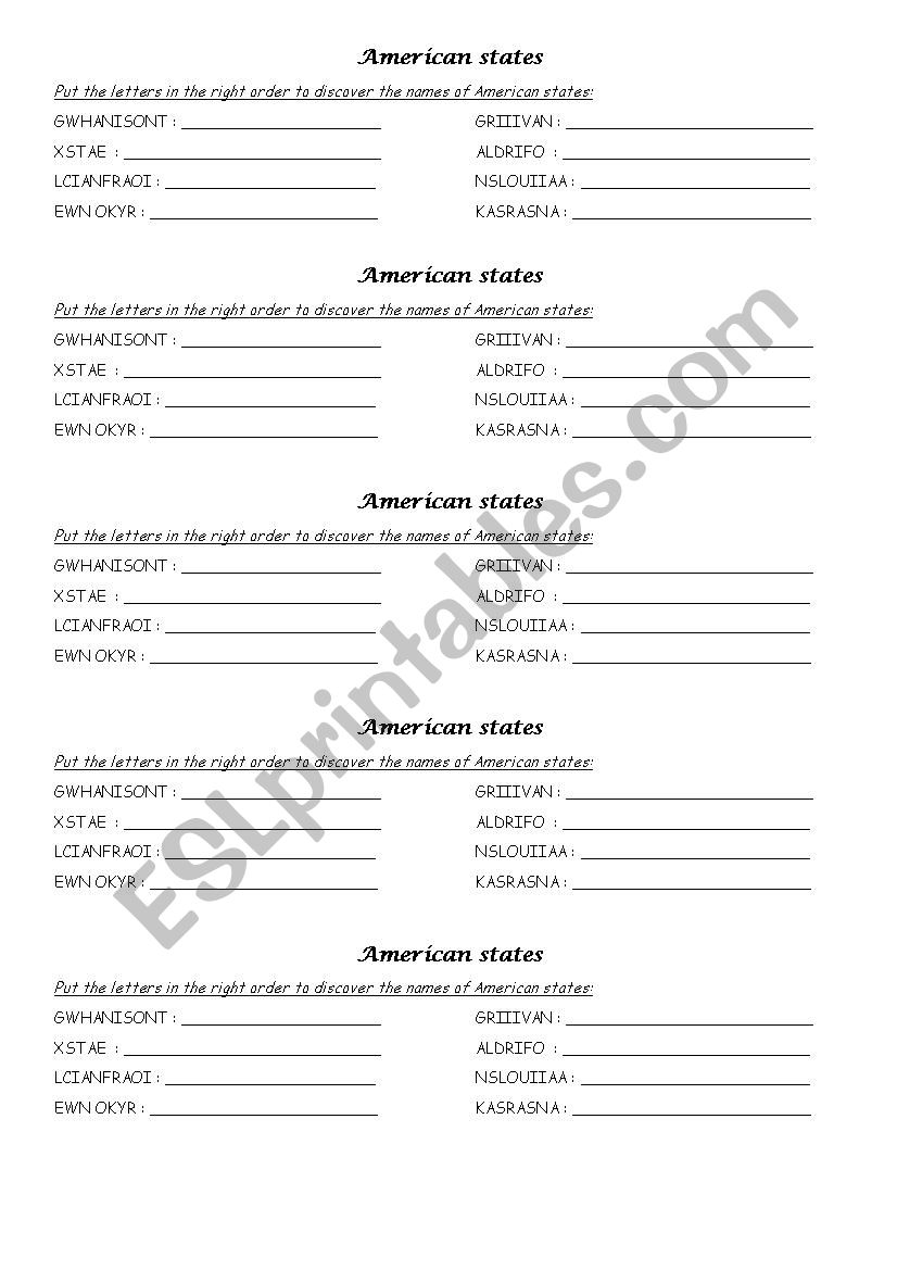 States in the US (anagrams) worksheet