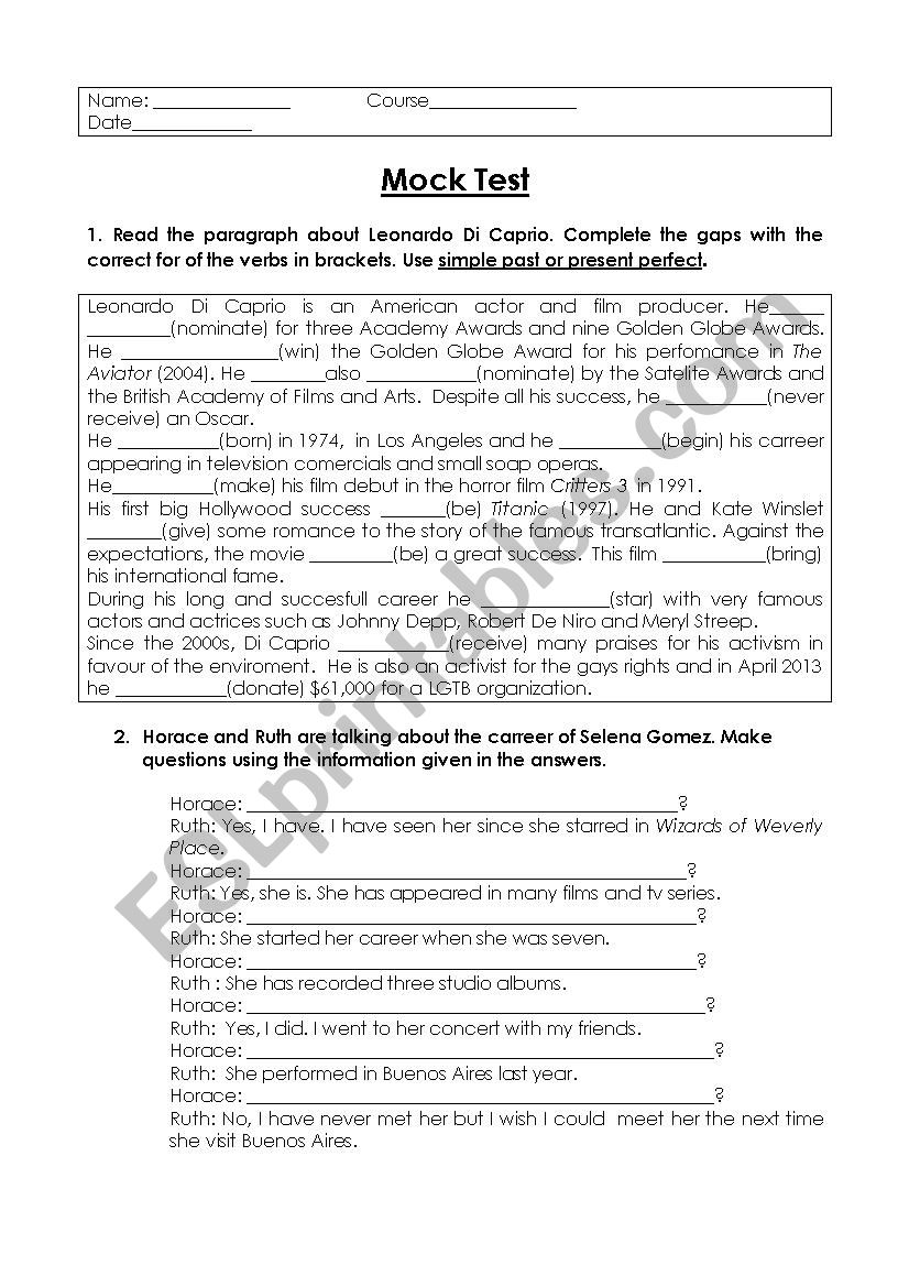 Mock Test : 6th grade. Mixed Tenses (simple past and present perfect) 