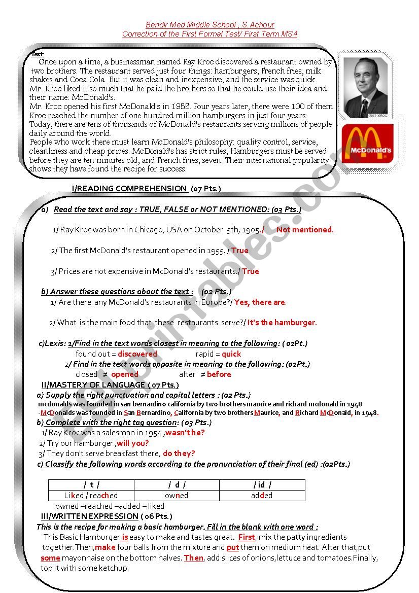 Mc Donalds restaurant worksheet