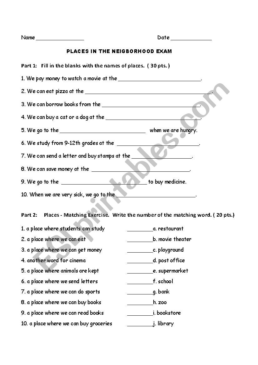 PLACES IN THE NEIGHBORHOOD EXAM FOR ESL1