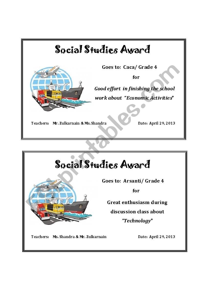 social studies award worksheet