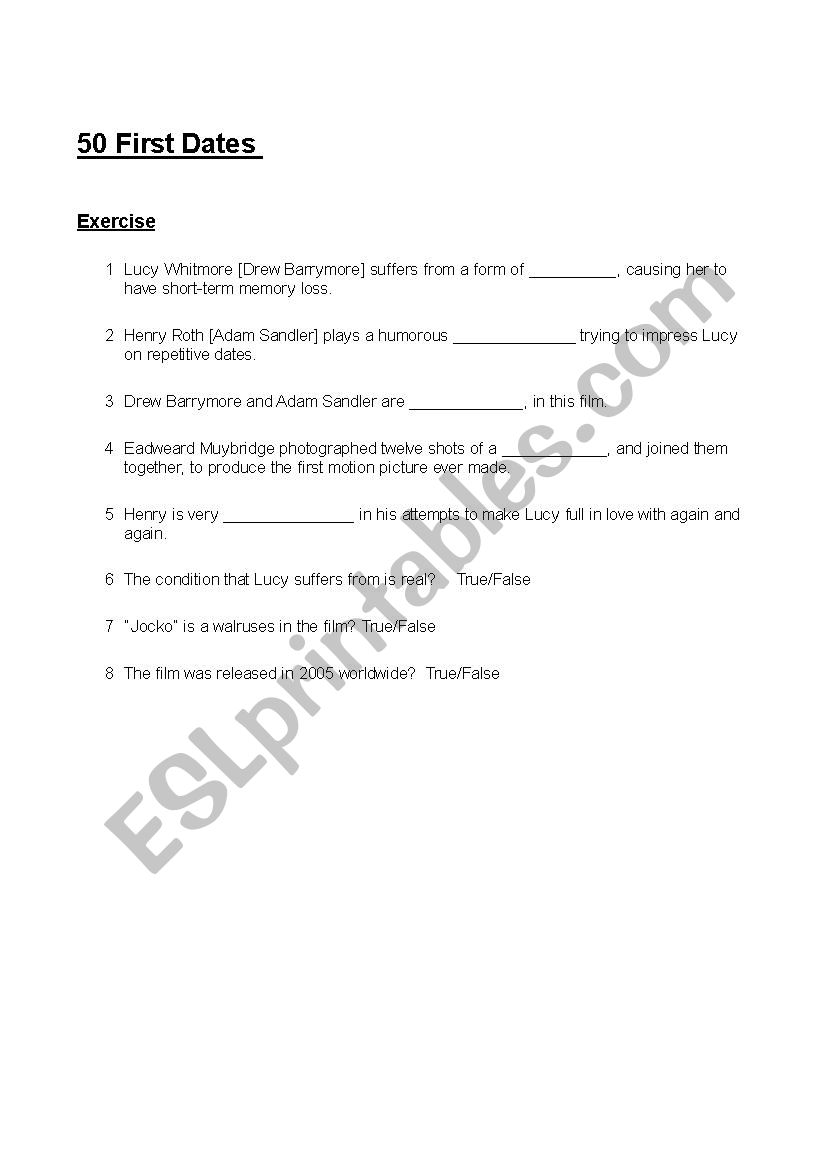 50 First Dates worksheet