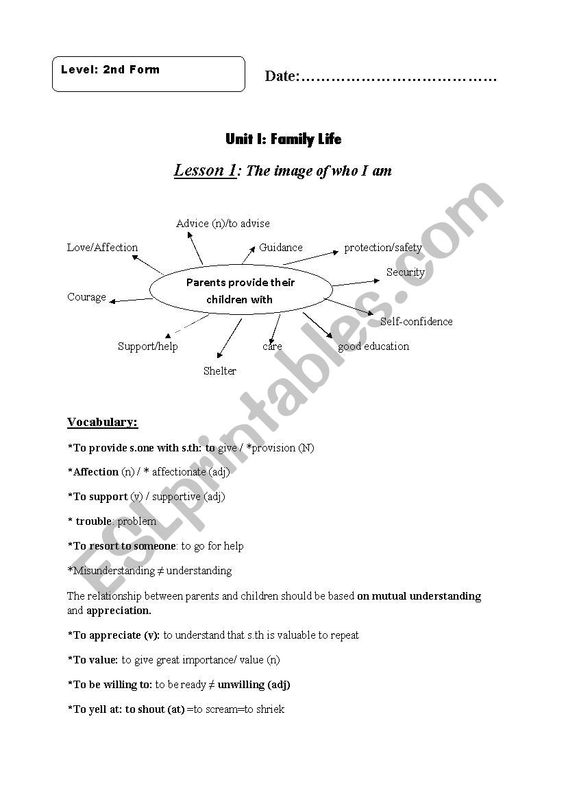Unit one:Family Life  worksheet