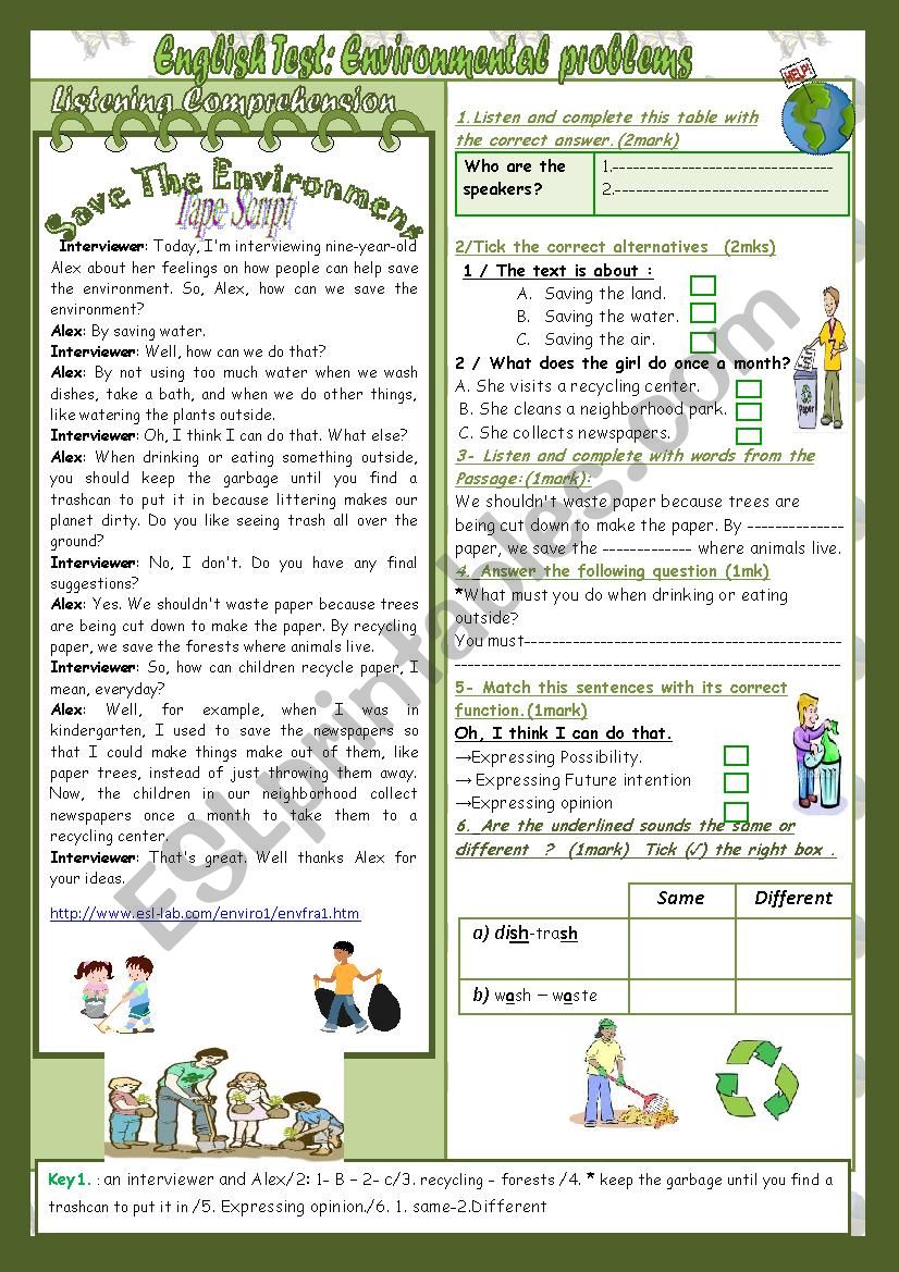 Environmental Problems(Mid Term2 Test 9th form) 2parts: Listening + Language+Key+Link