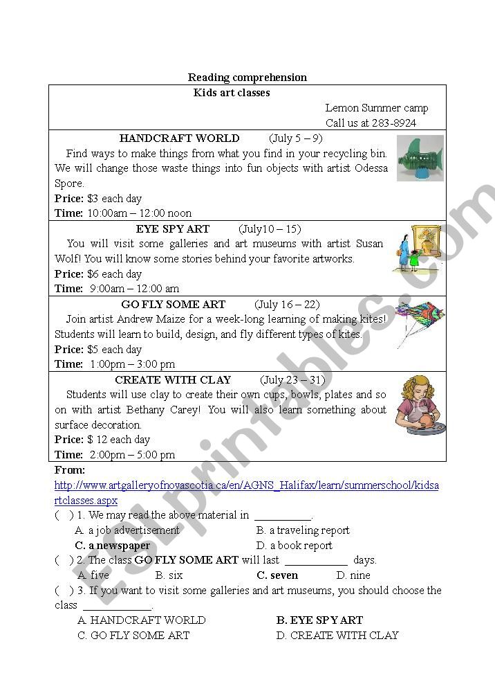 Kids art classes worksheet