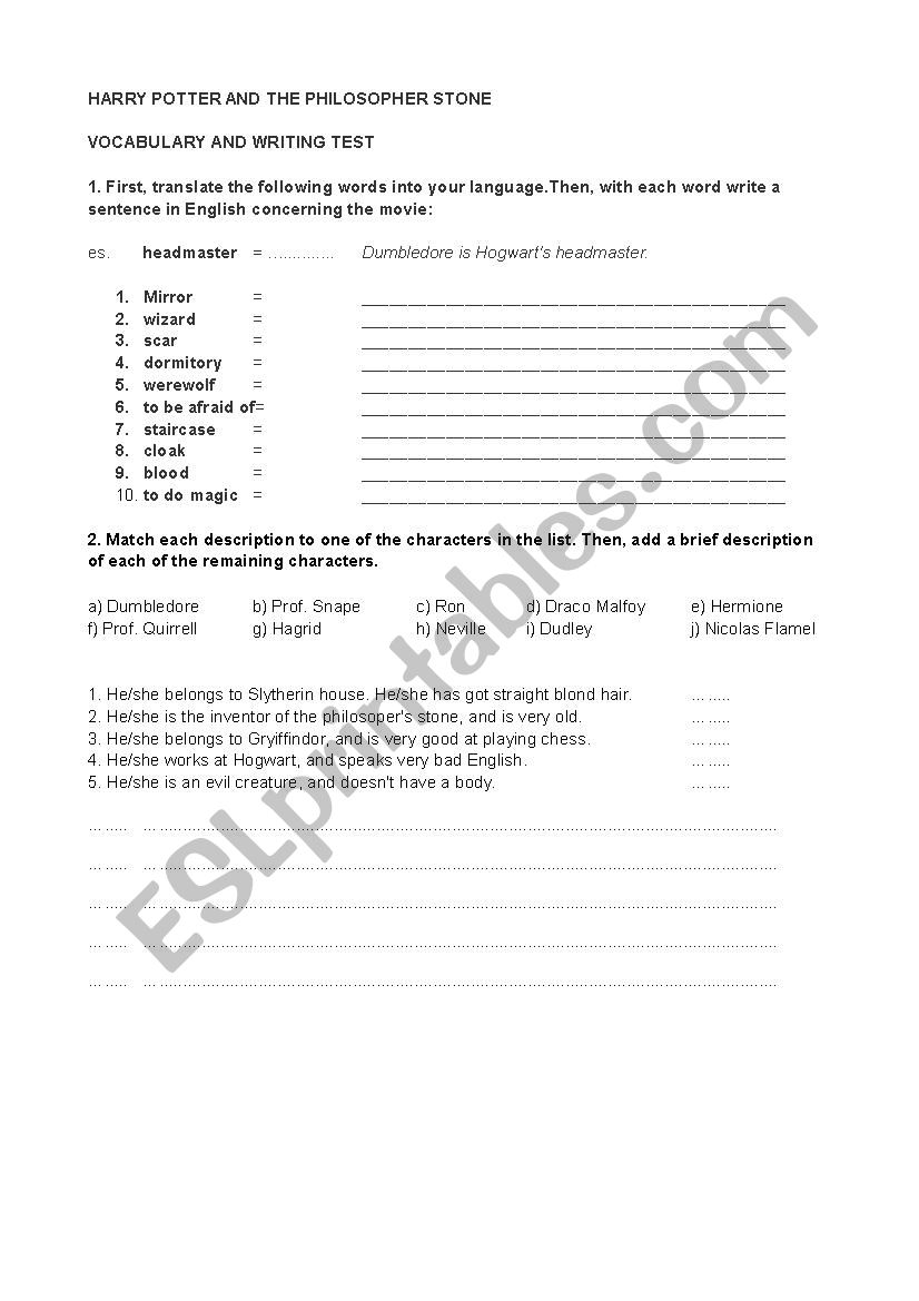 Harry Potter and the Philosophers Stone worksheet/test