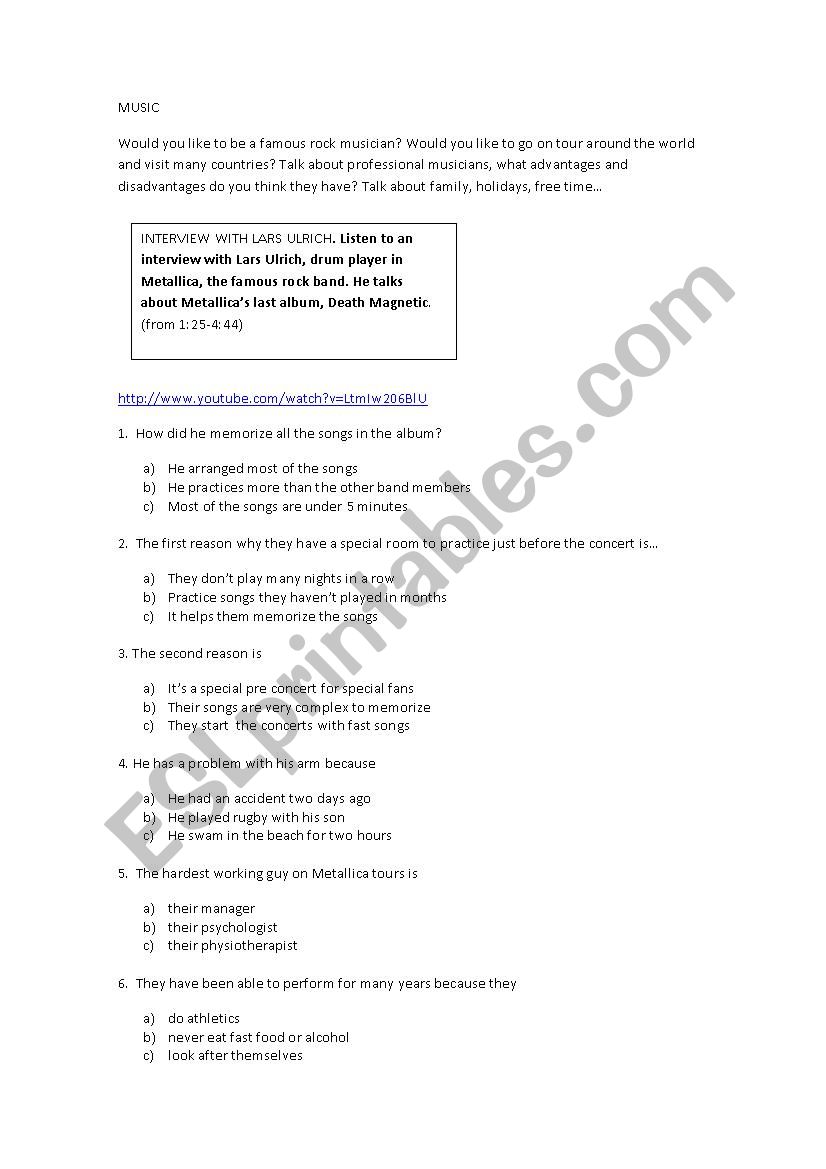 Interview with Lars Ulrich worksheet