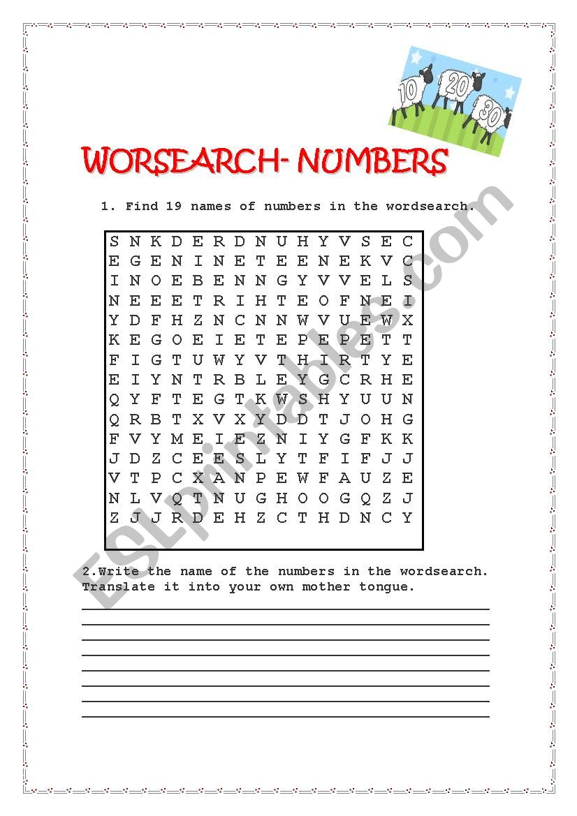 Numbers- wordsearch (with key) 