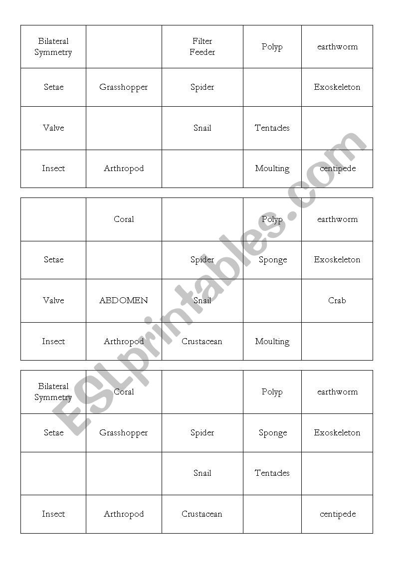 invertebrates bingo game worksheet