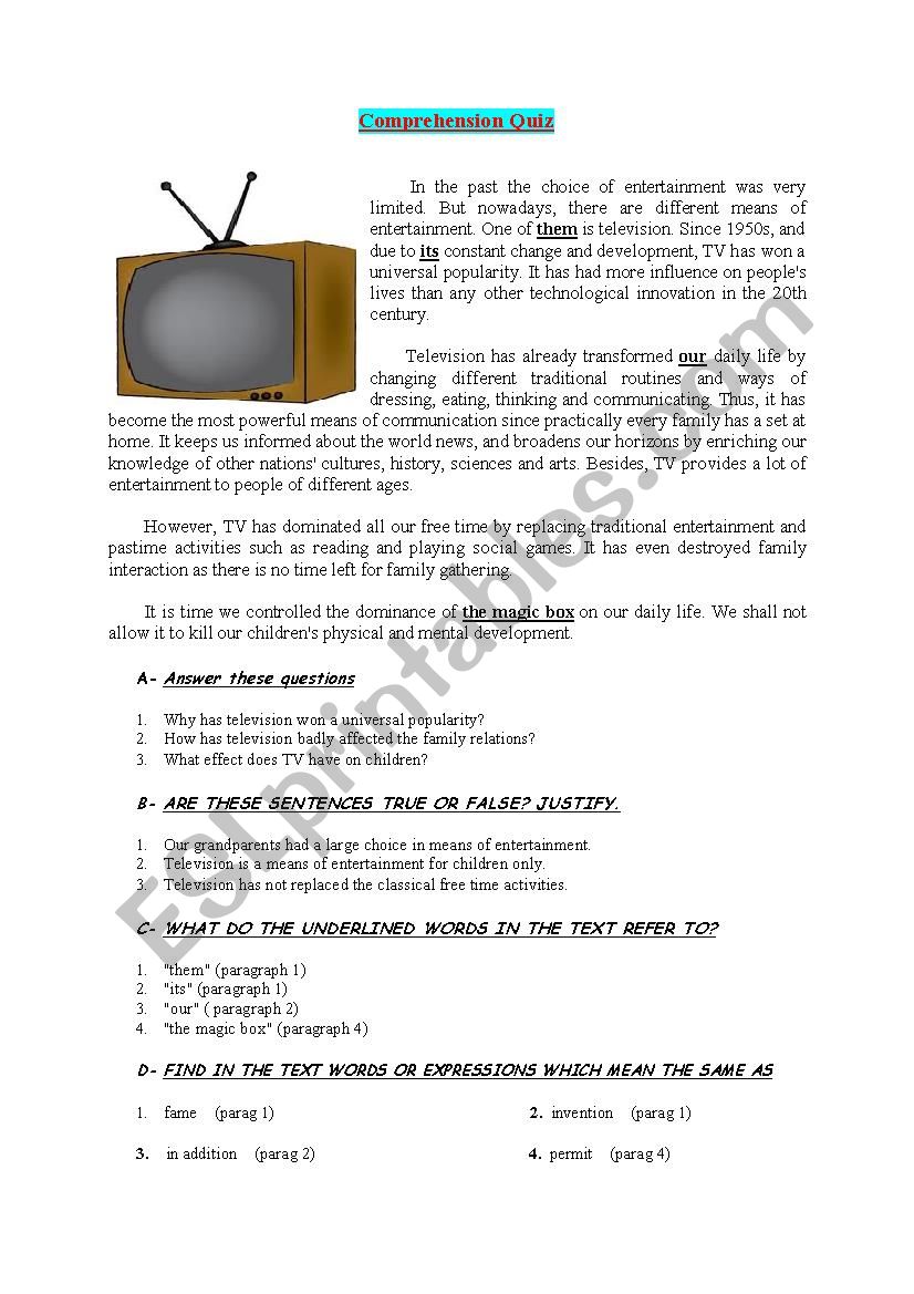 Comprehension quiz about TV  for Bac students