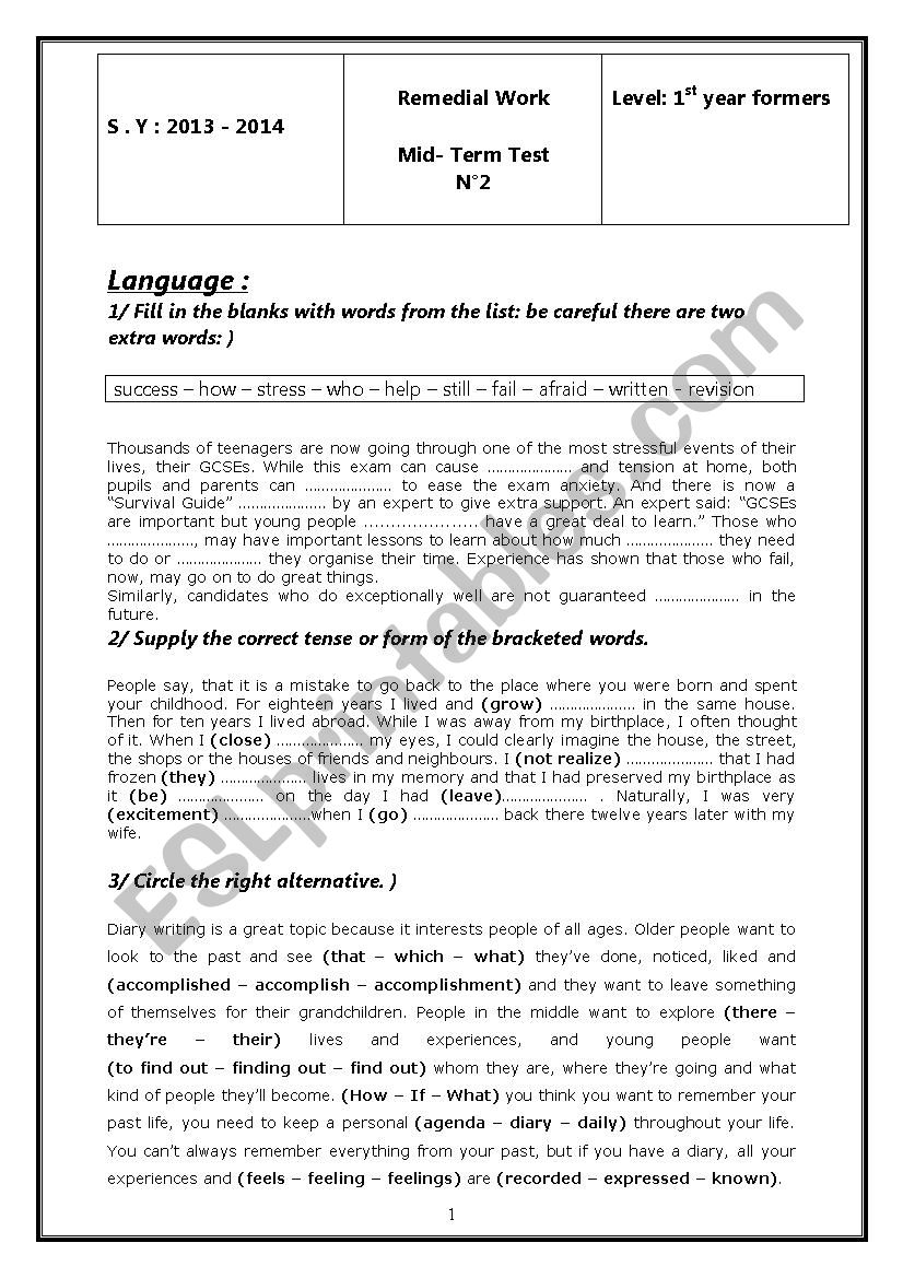 remedial work for 1st year formers (mid - term test 2)