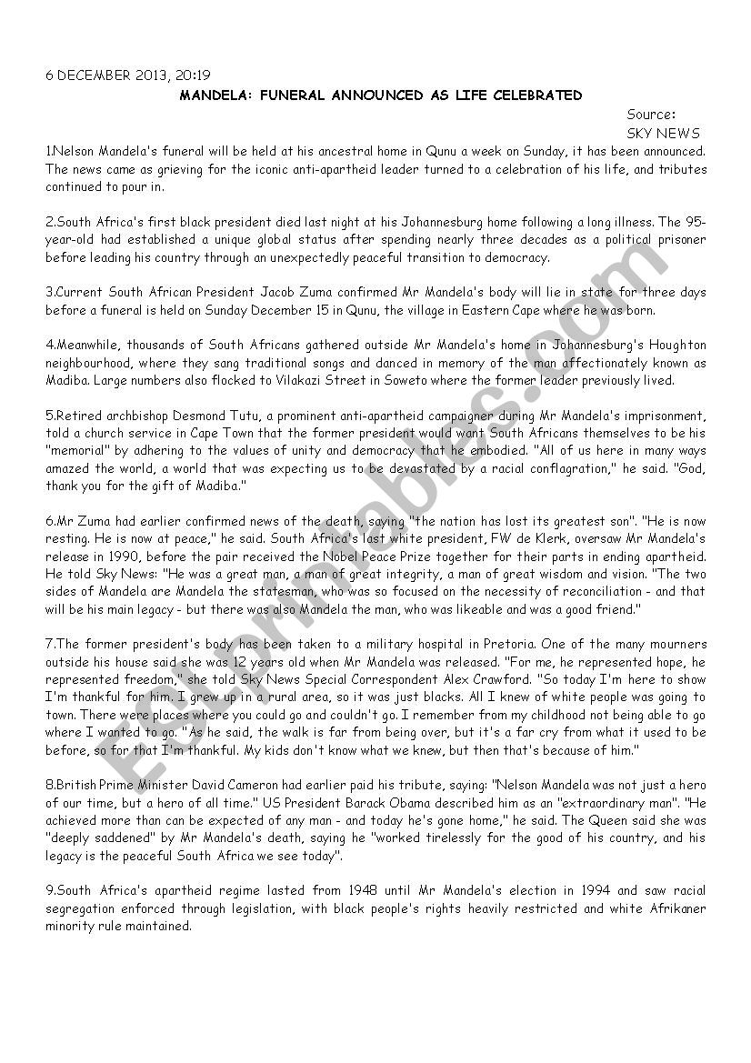 Nelson MandelaÂ´s Funerals (press article and questions)