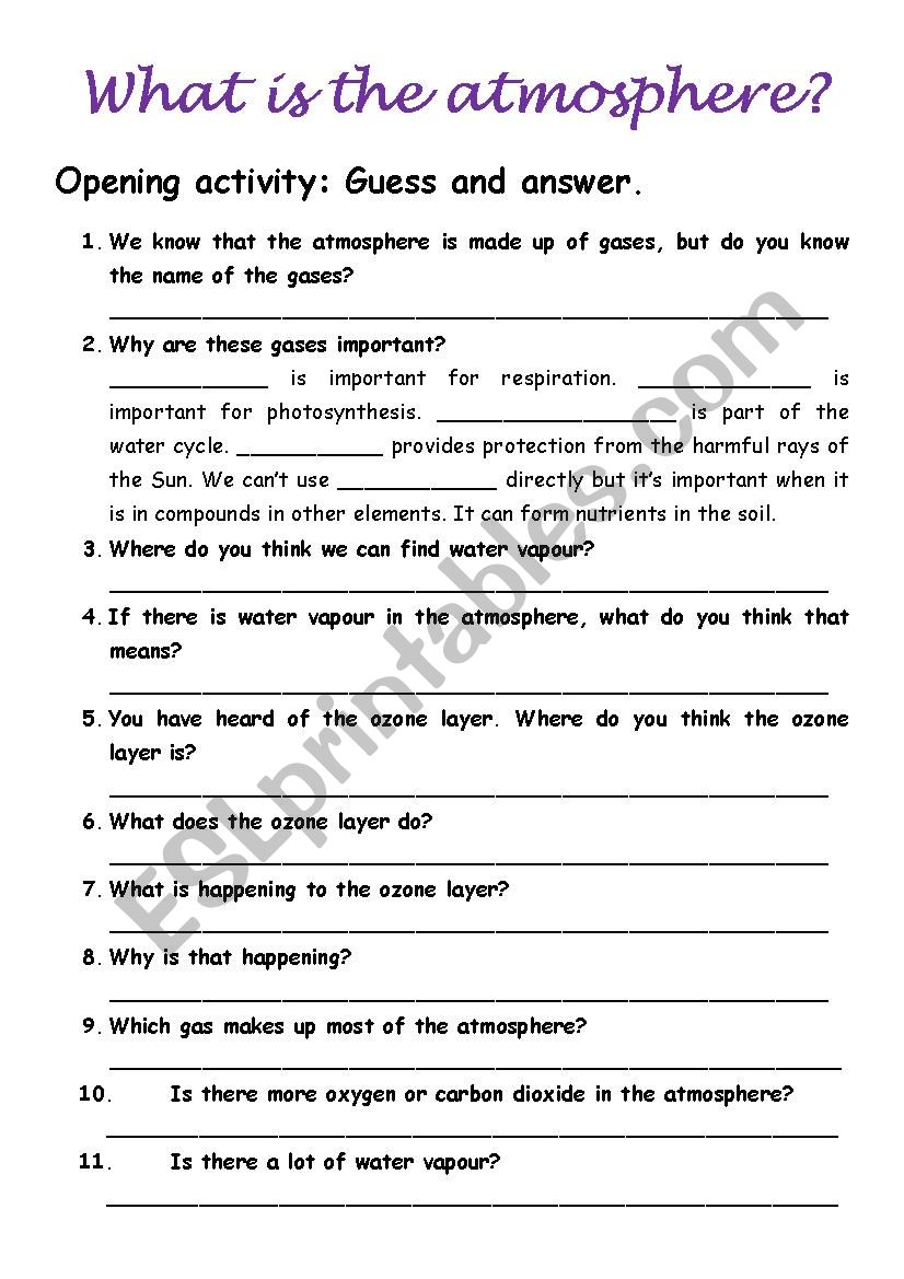 The atmosphere worksheet