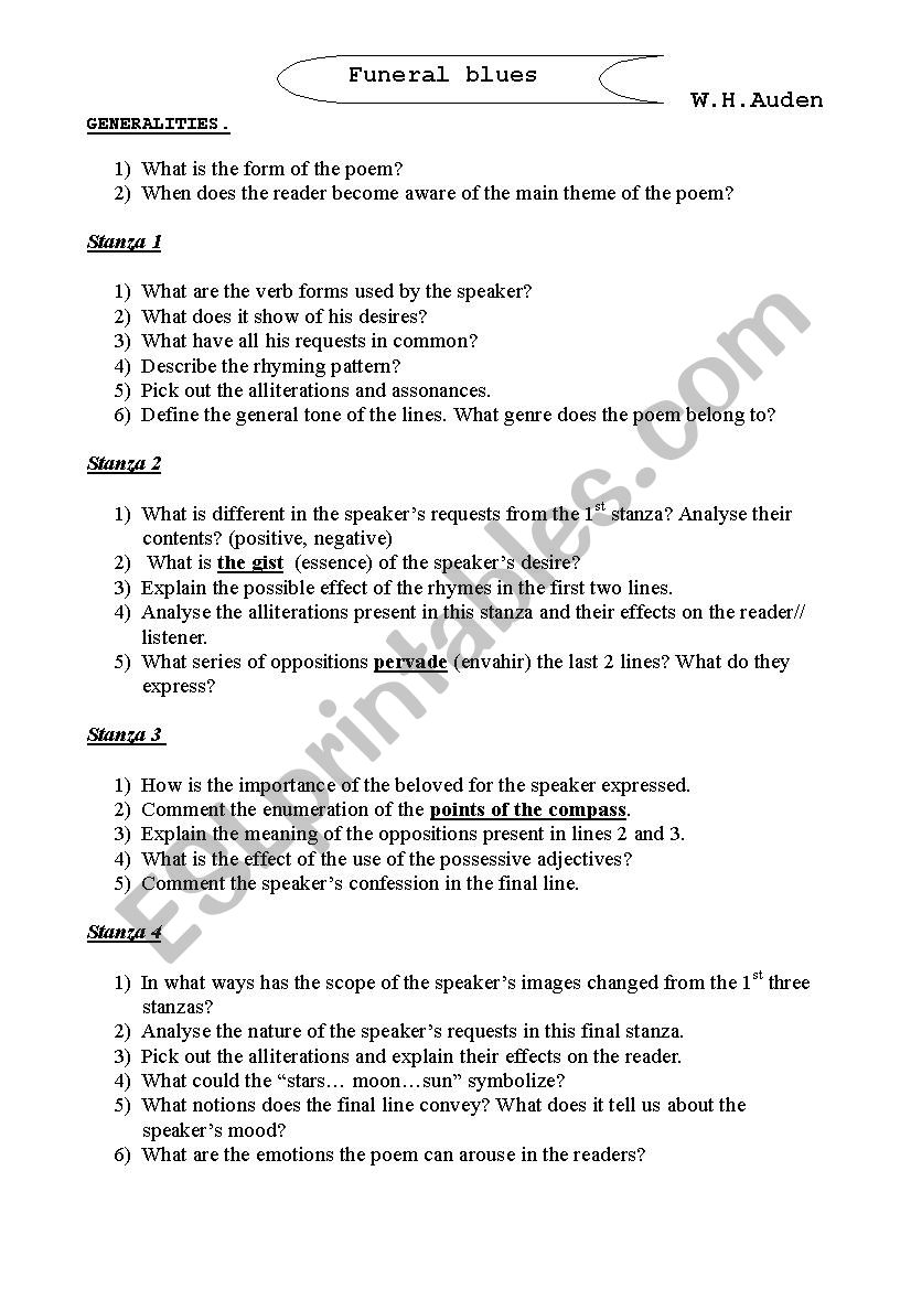 FUNERAL BLUES worksheet