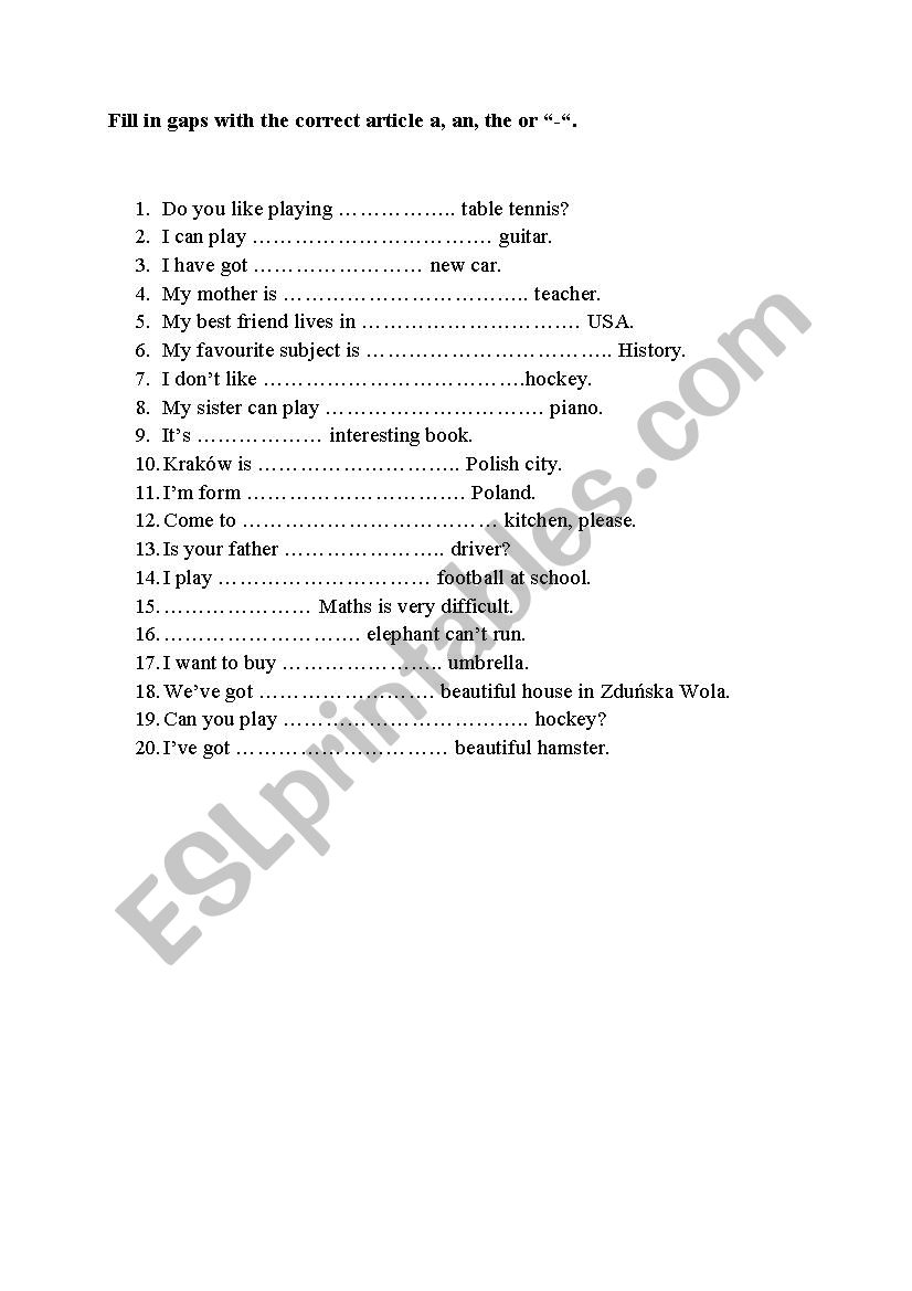 Articles worksheet