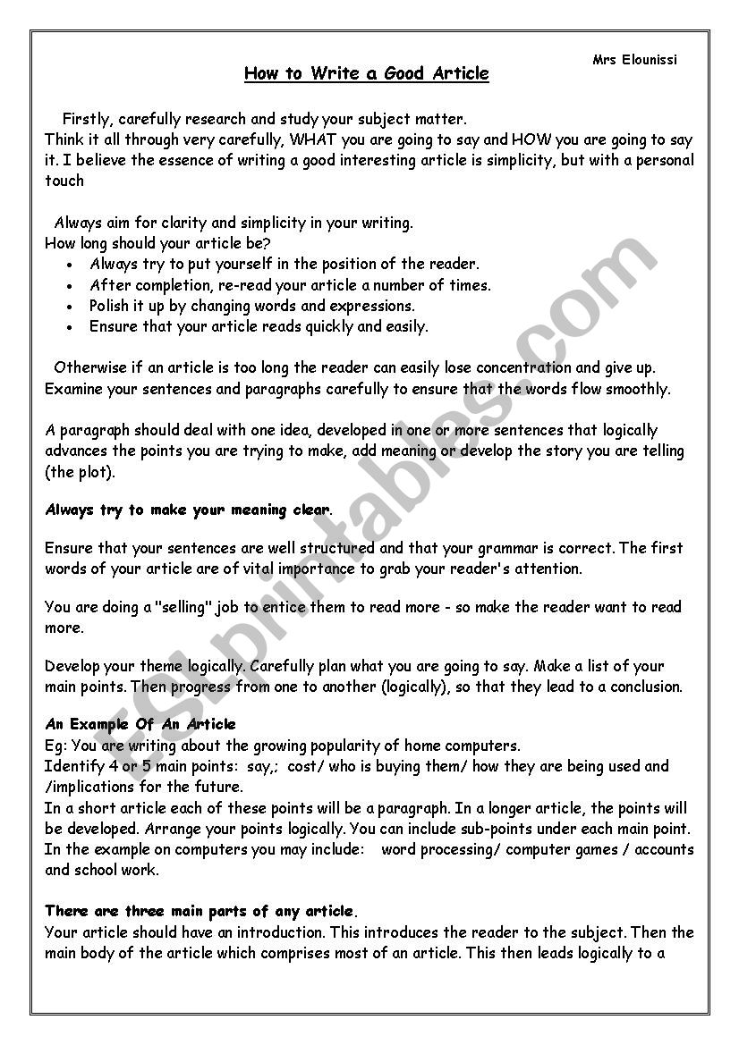 Writing an article worksheet