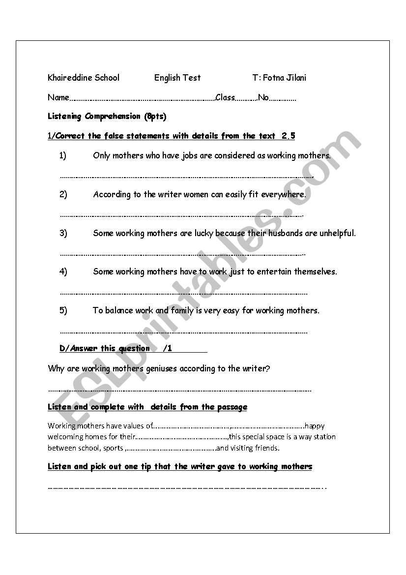 test worksheet