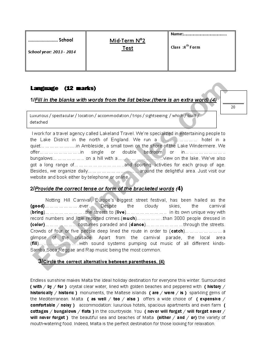 Mid - term test 2 for bac pupils 2014