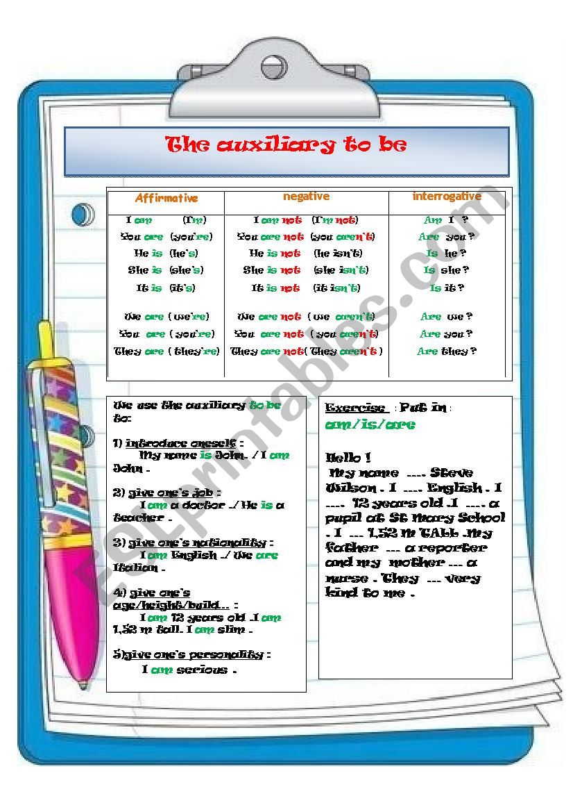 Auxiliary to be worksheet