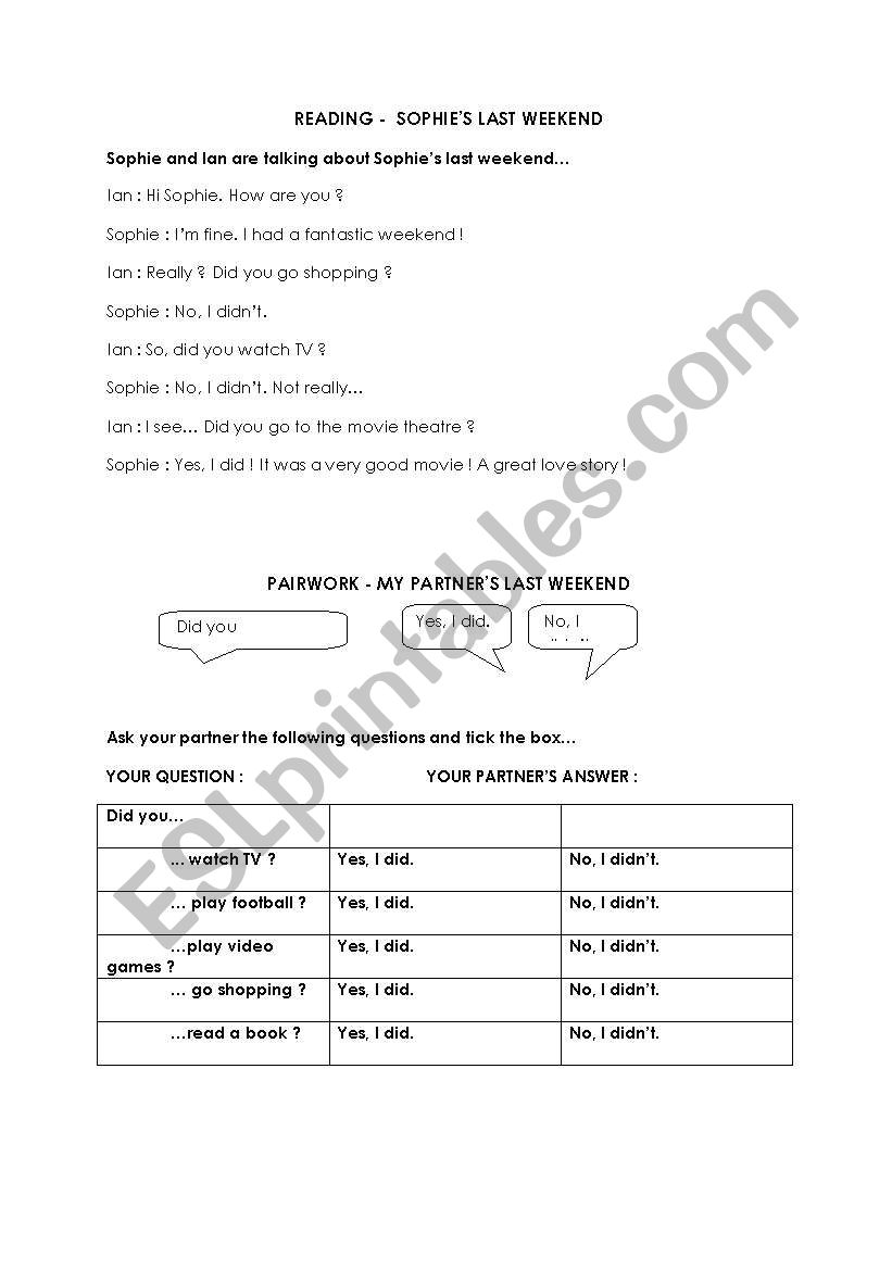 Sophies last weekend worksheet