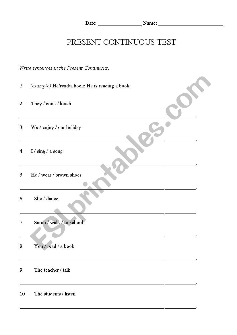 Present Continuous Test worksheet