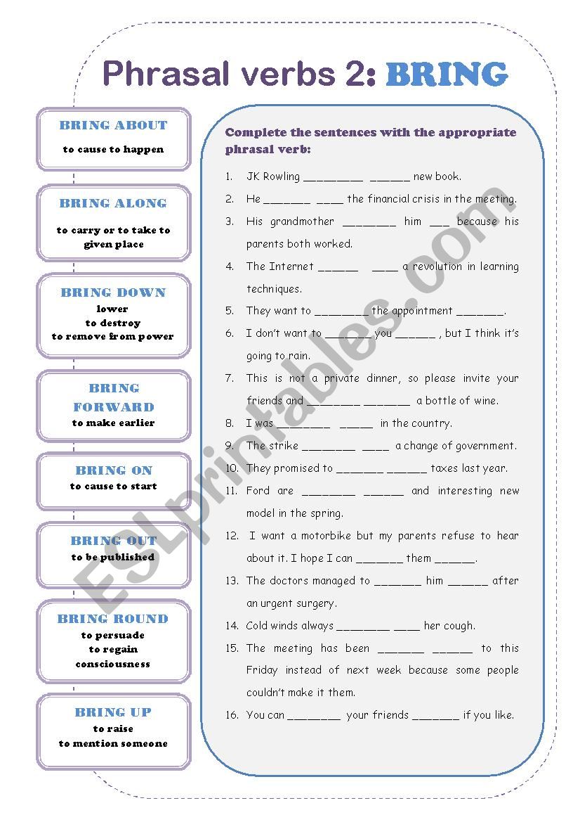 Bring in examples. Bring Phrasal verbs Worksheets. Phrasal verb bring. Предложения с фразовым глаголом bring. Bring Фразовый глагол упражнения.