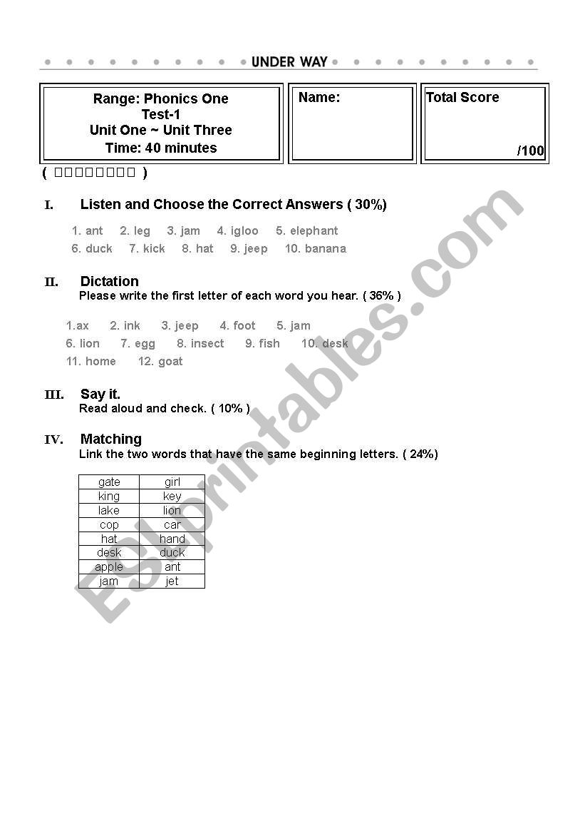 Phonics Test worksheet